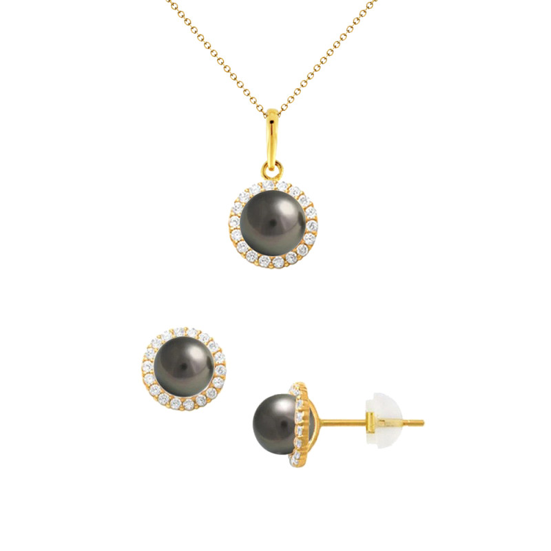 Σετ Κ14 χρυσό μενταγιόν και σκουλαρίκια με μαύρα μαργαριτάρια και ζιργκόν - S124533B